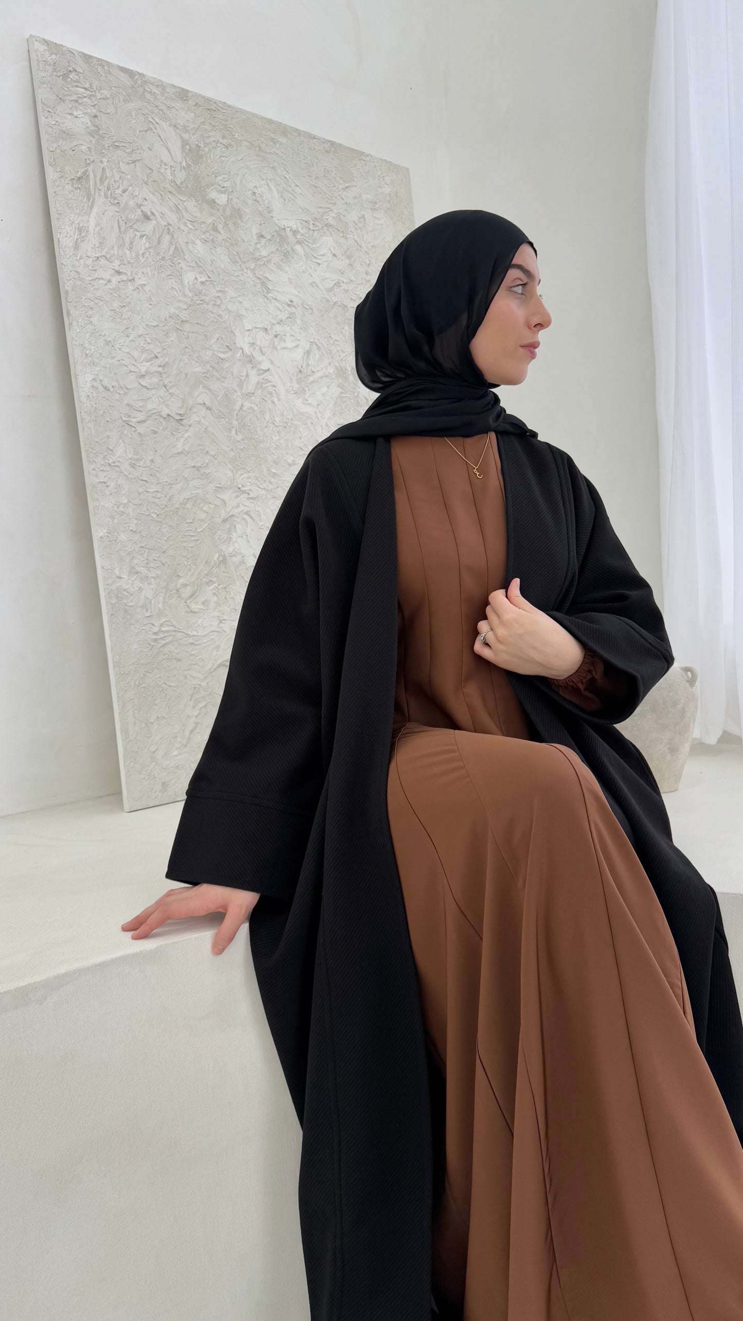 black jacket trench abaya coat for Muslim women. modest winter coat