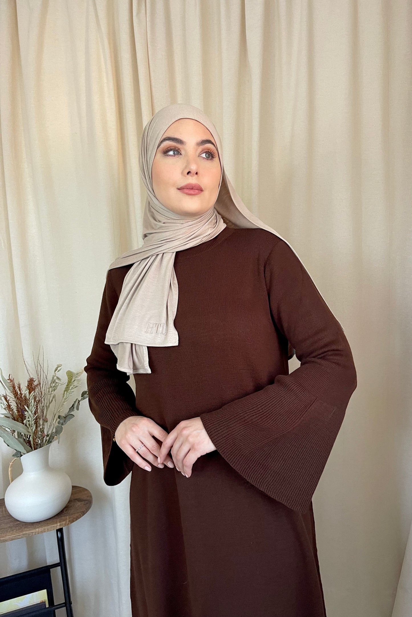 Rib Knit Maxi Dress Flared Sleeve Cocoa