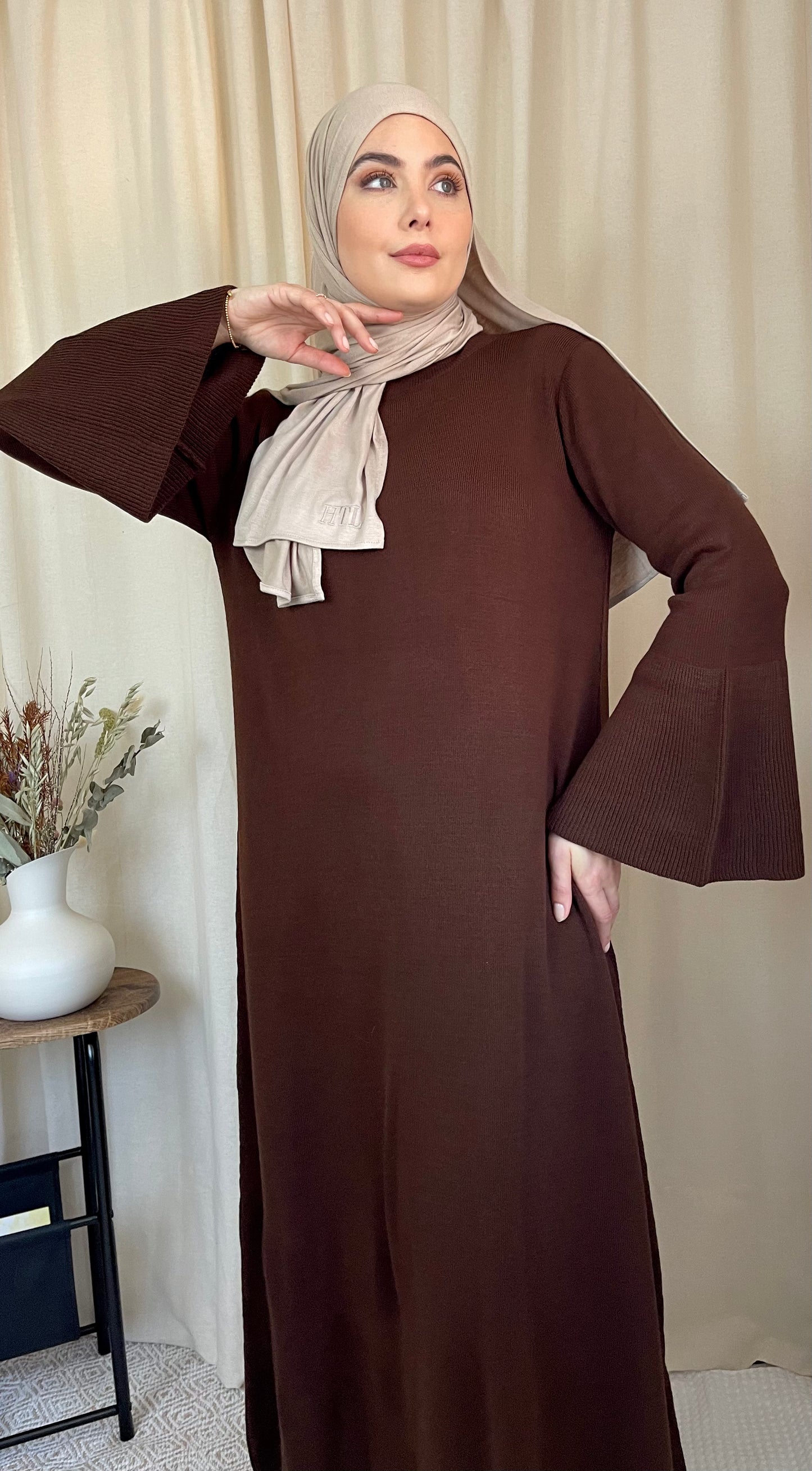 Rib Knit Maxi Dress Flared Sleeve Cocoa