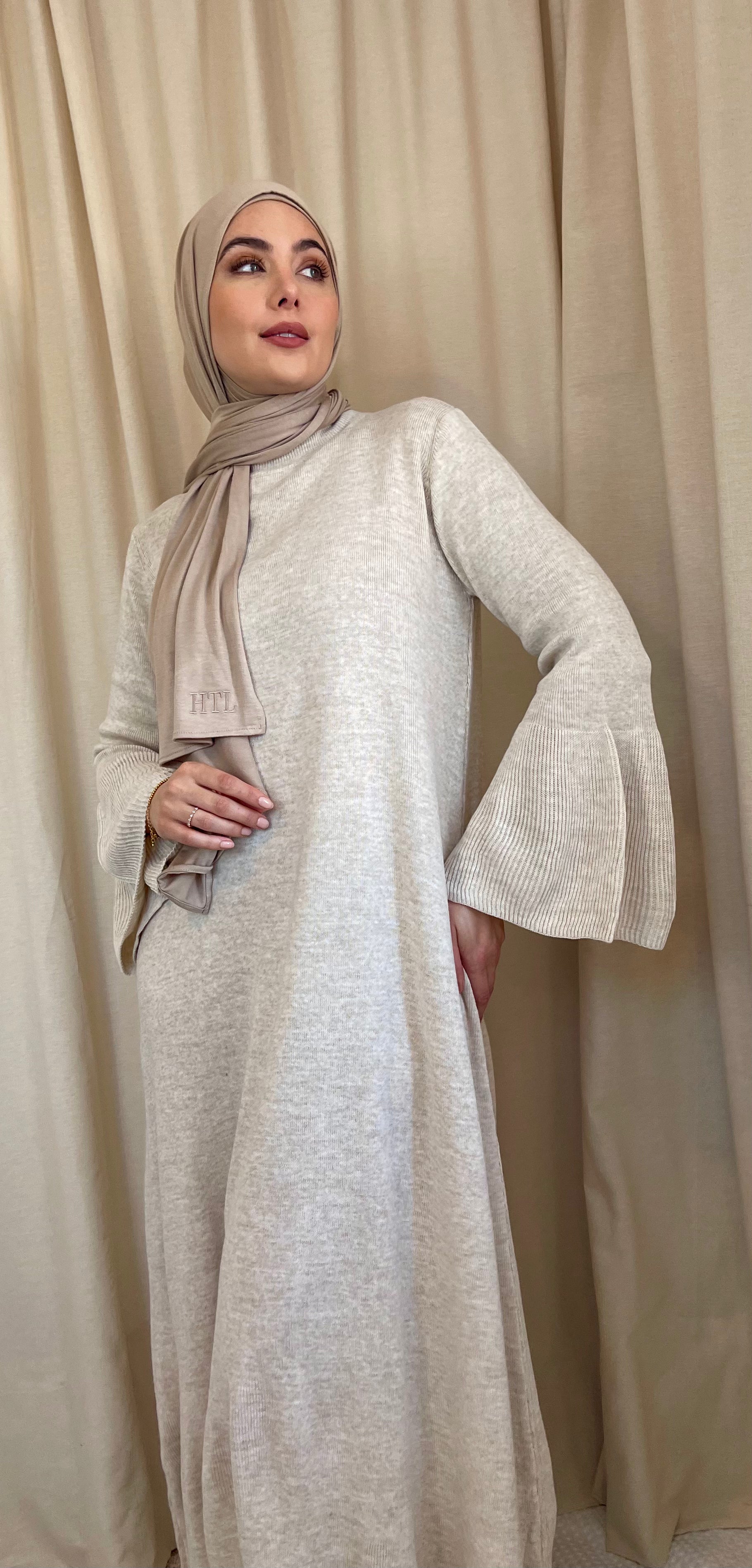 Rib Knit Maxi Dress With Flared Sleeves Long Sleeve Greige Knit