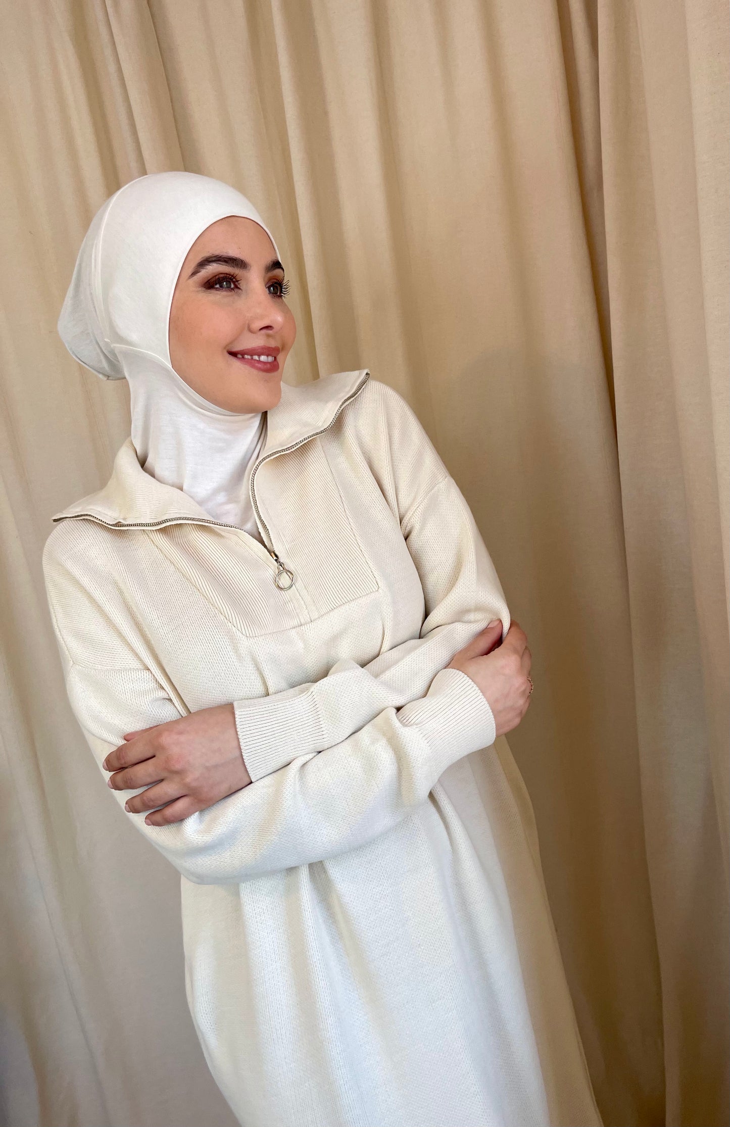 Zip Ribbed Knit Maxi Dress Ivory