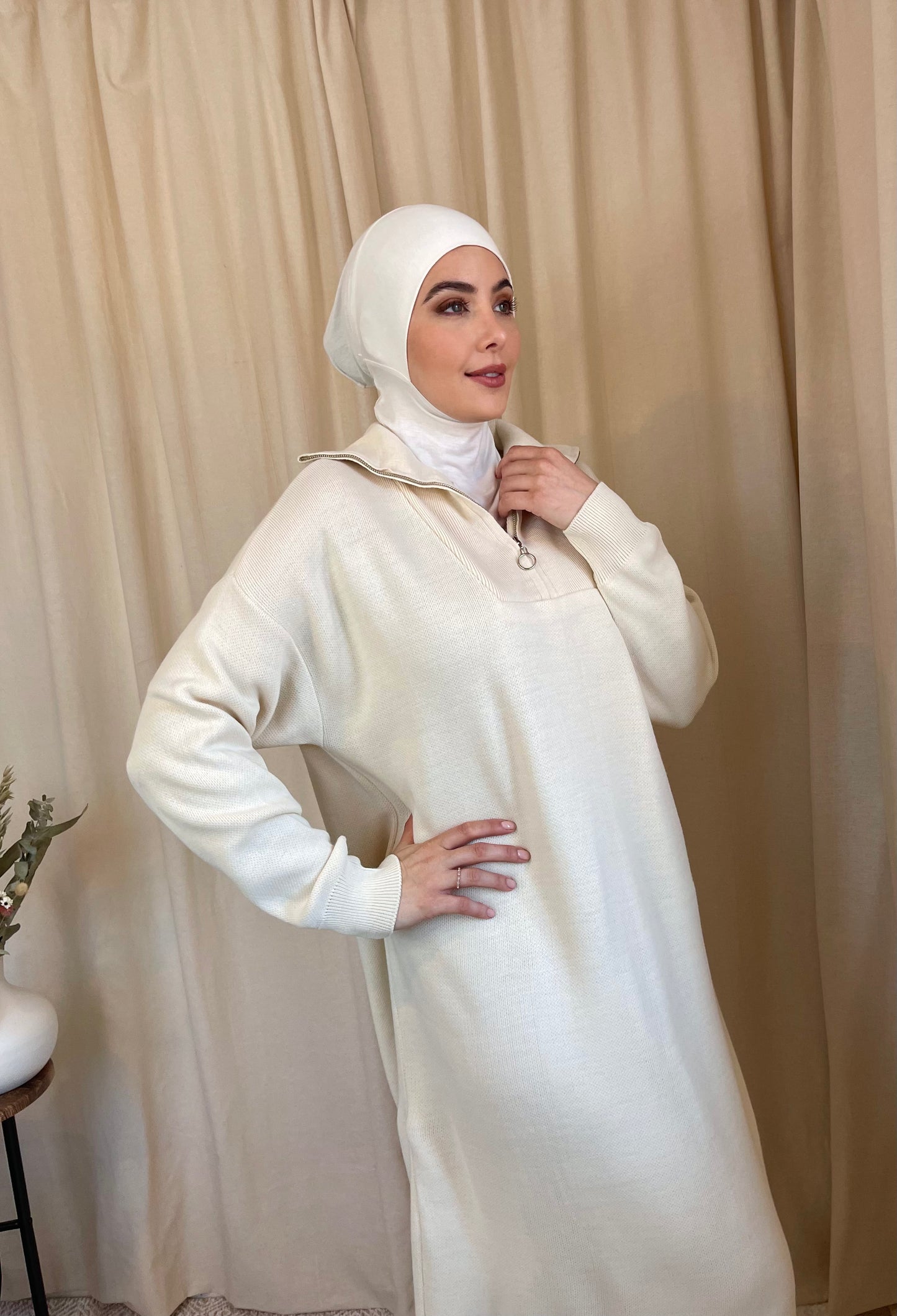 Zip Ribbed Knit Maxi Dress Ivory