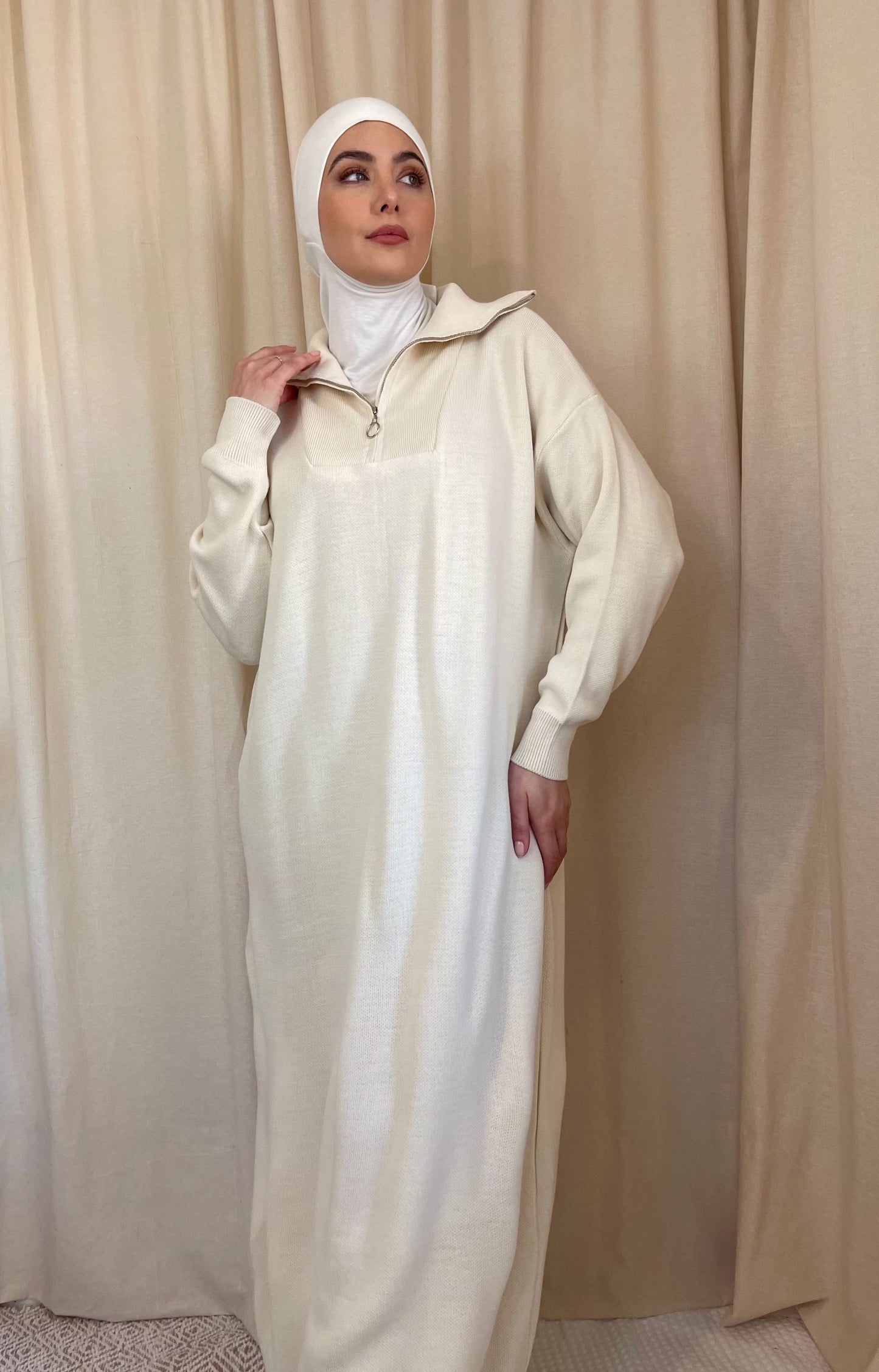 Zip Ribbed Knit Maxi Dress Ivory