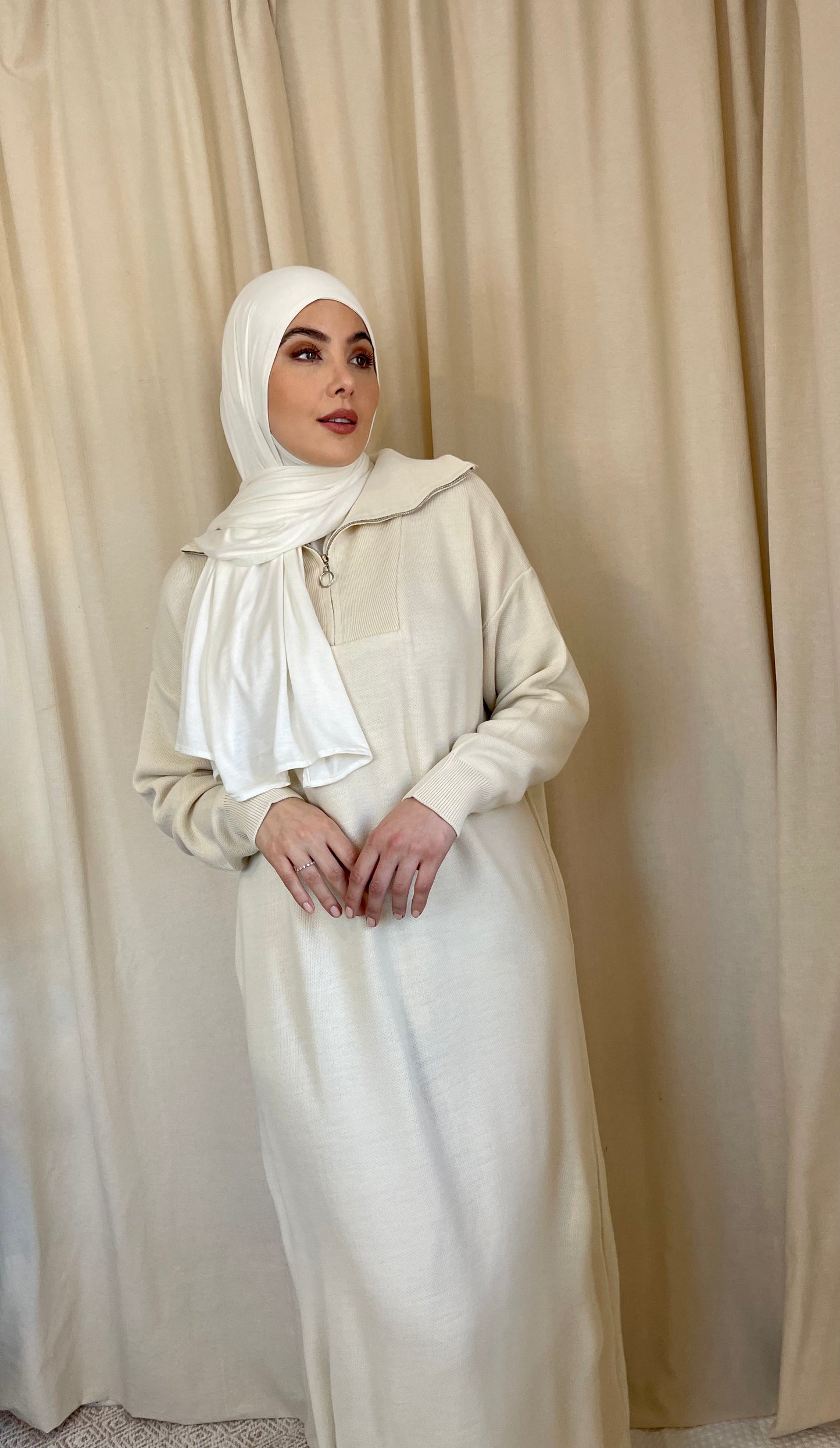 Zip Ribbed Knit Maxi Dress Ivory