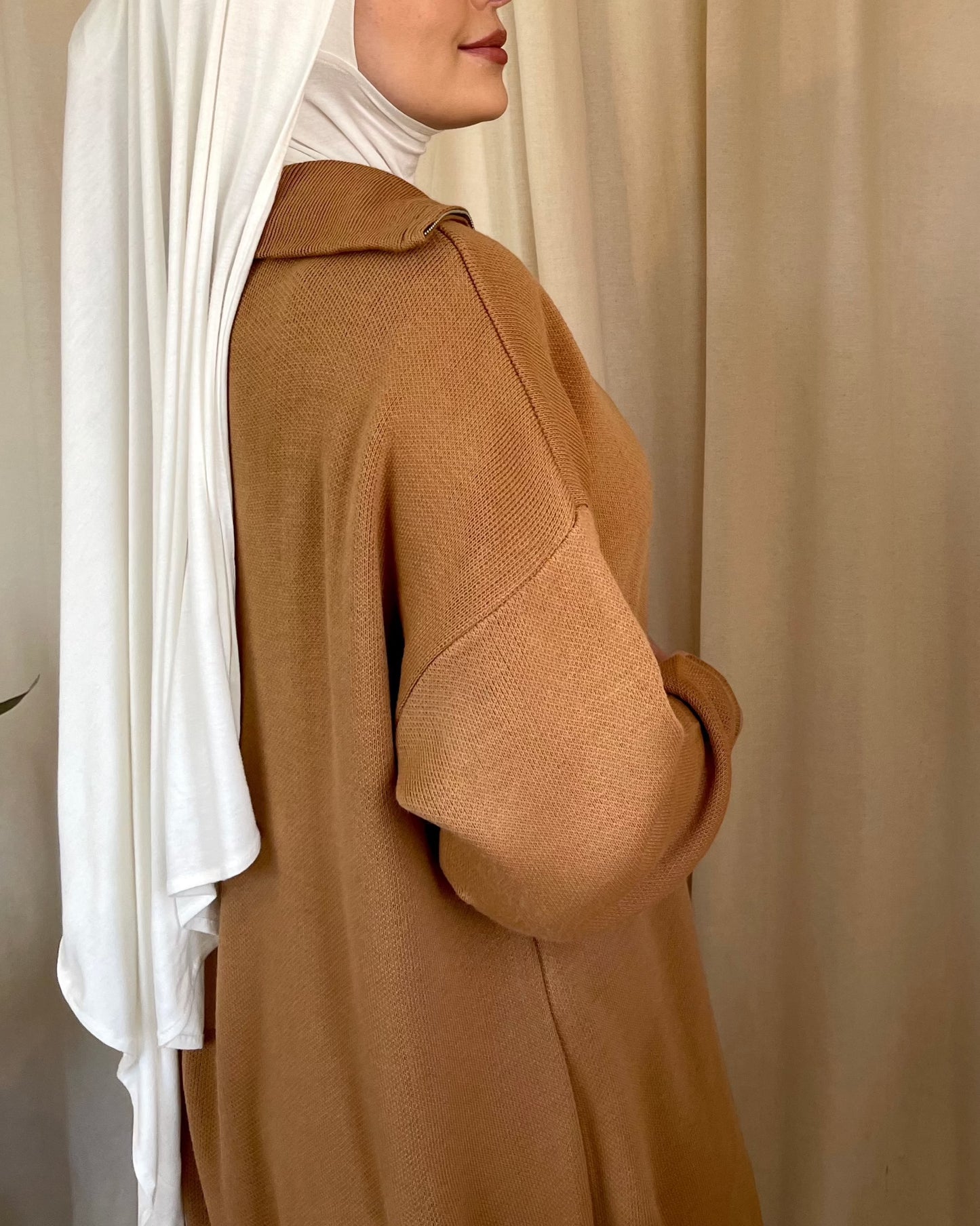 Zip Ribbed Knit Maxi Dress Tan