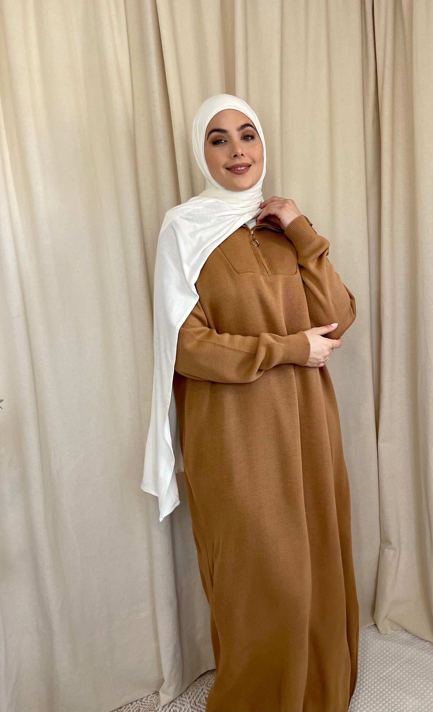Zip Ribbed Knit Maxi Dress Tan