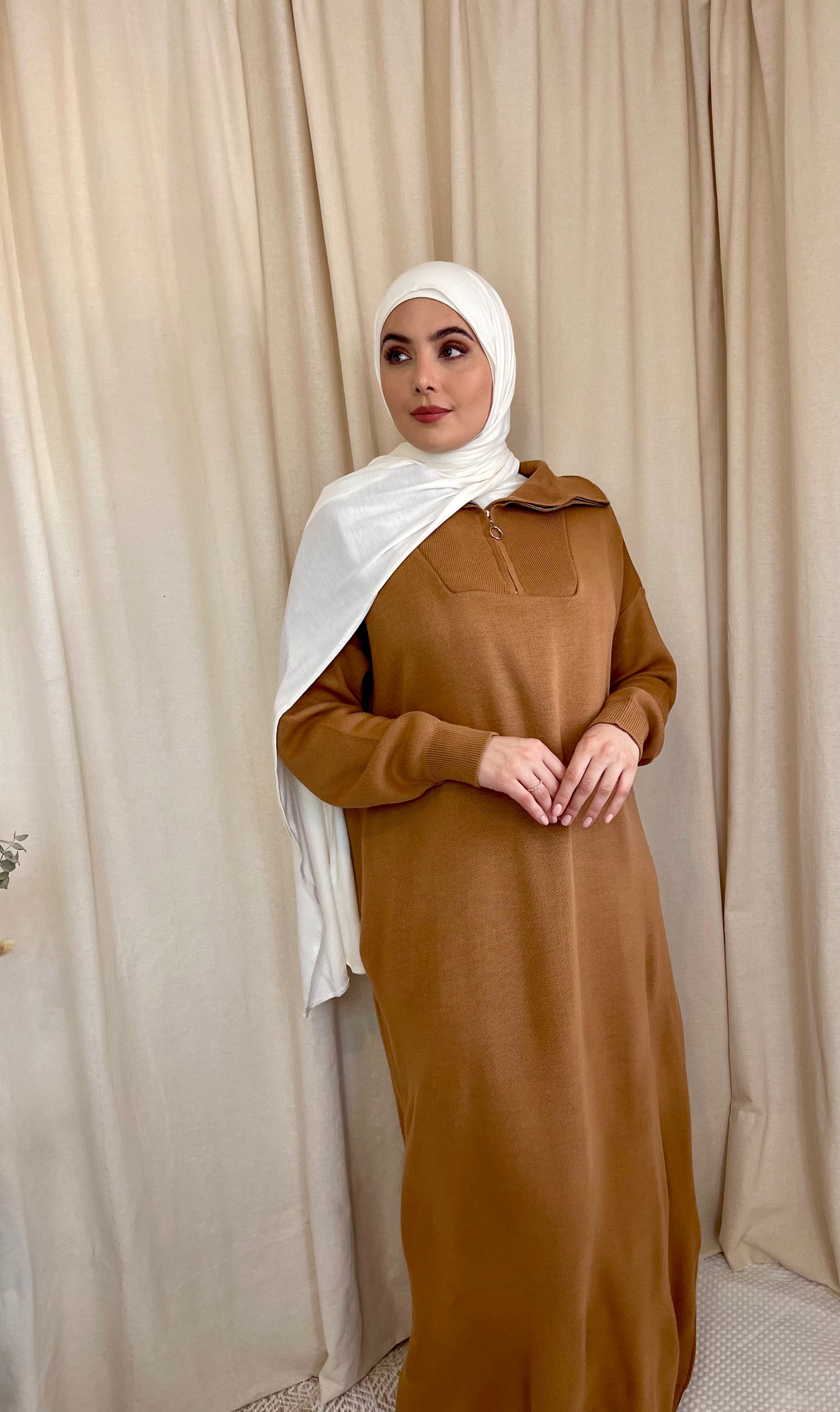 Zip Ribbed Knit Maxi Dress Tan