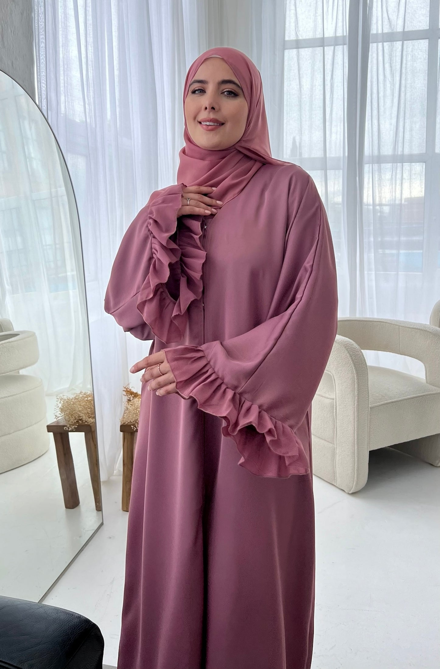 Ruffle Sleeve Detail Abaya- Pink Mauve