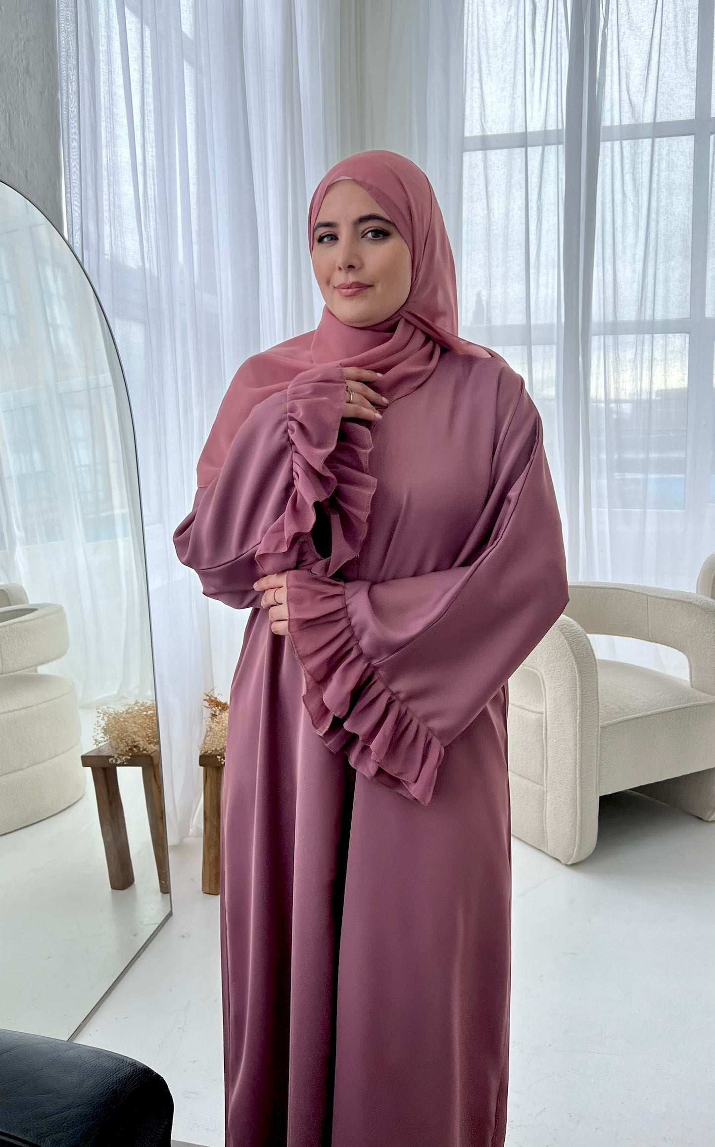 Ruffle Sleeve Detail Abaya- Pink Mauve