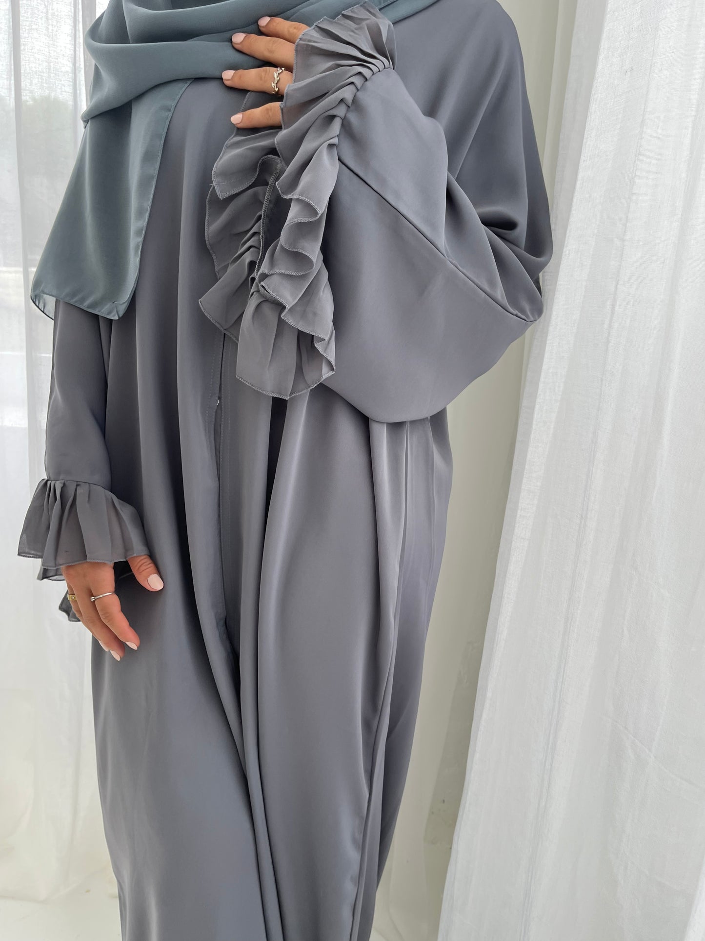 Ruffle Sleeve Detail Abaya- Slate