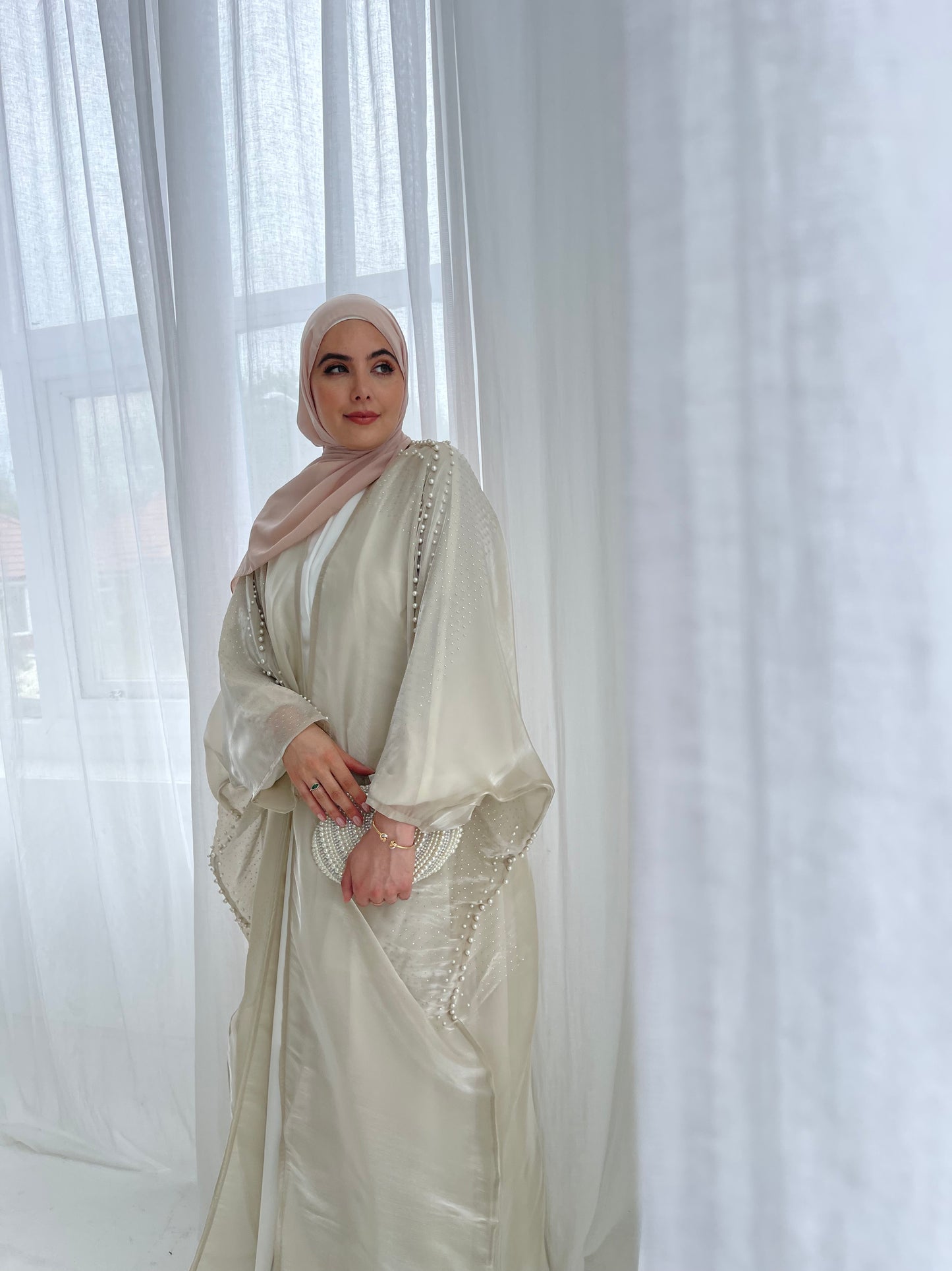 Sheer Pearl Abaya Champagne Eid Abaya Luxury Abayas for Occasions ...