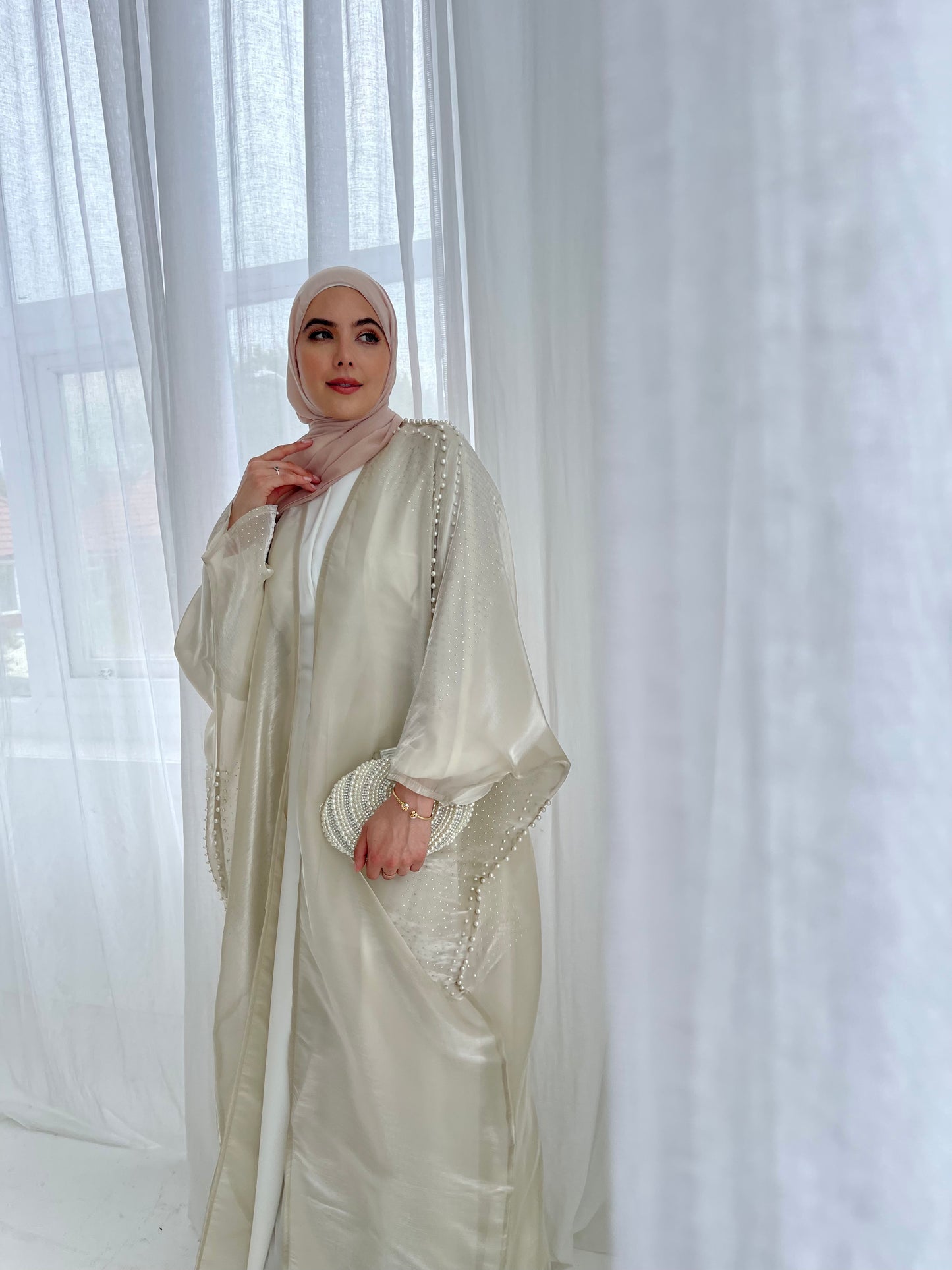 Sheer Pearl Abaya Champagne