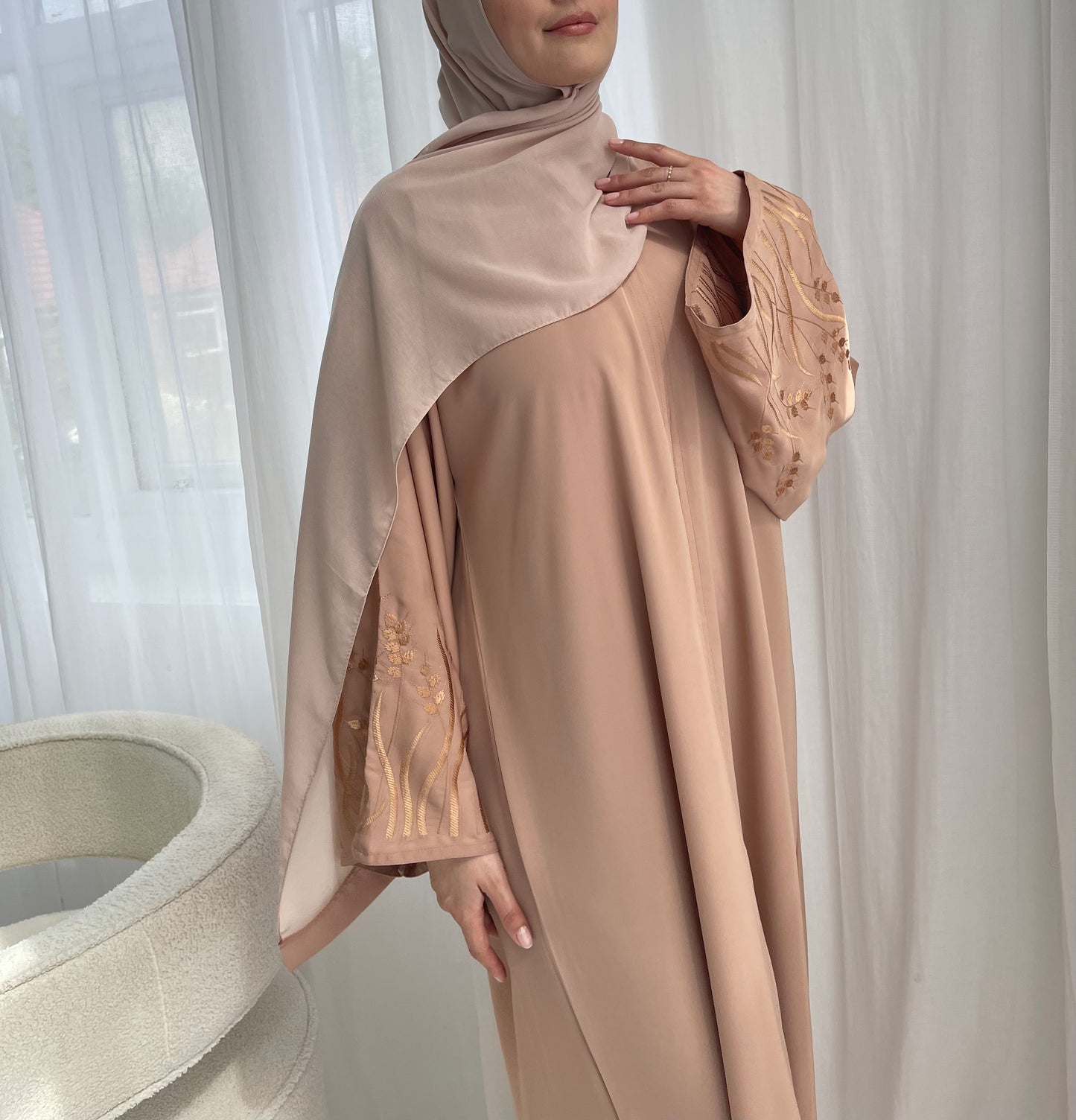 Embroidery Sleeve Detail Abaya- Apricot