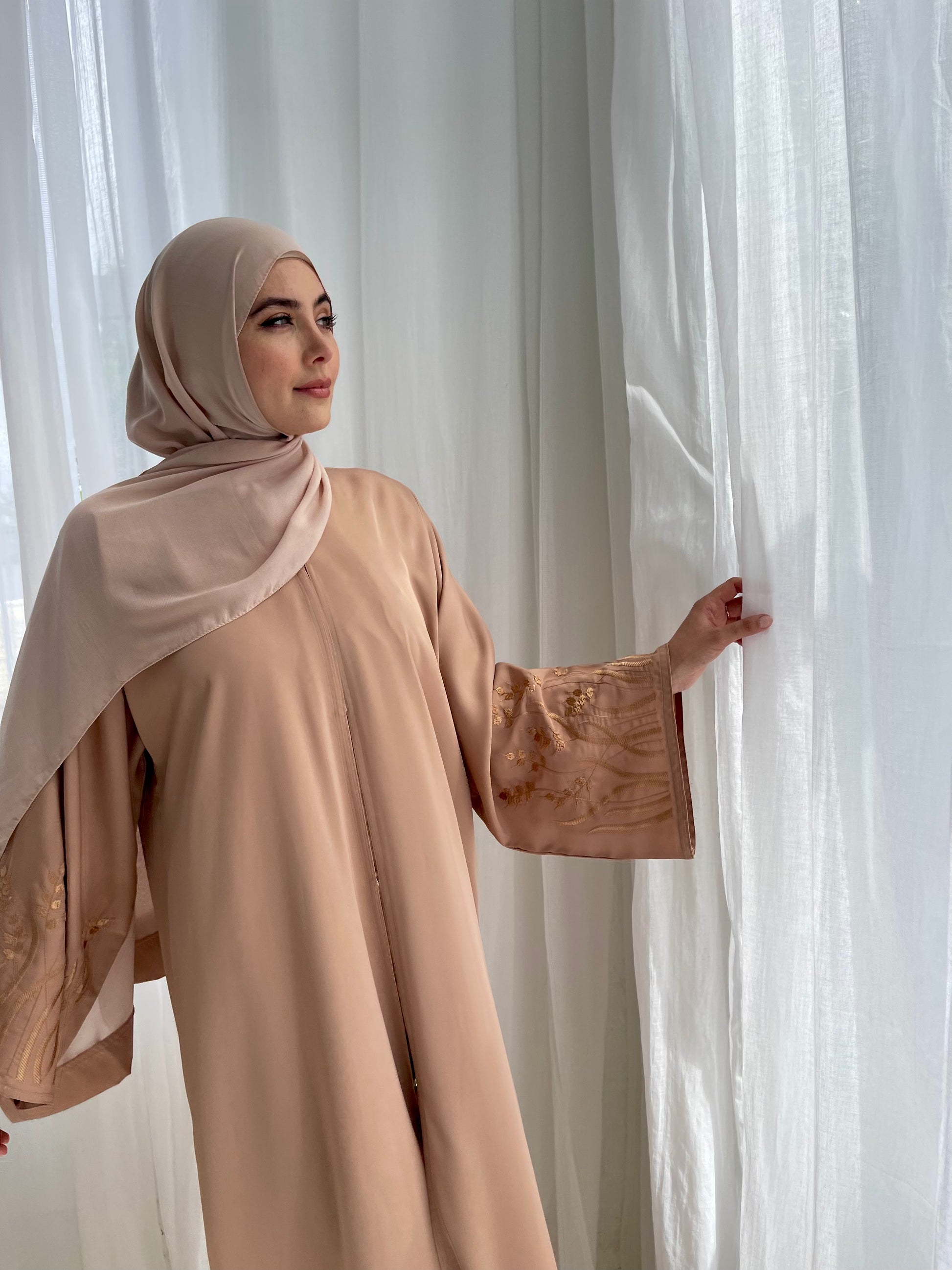 Embroidery Sleeve Detail Abaya Apricot