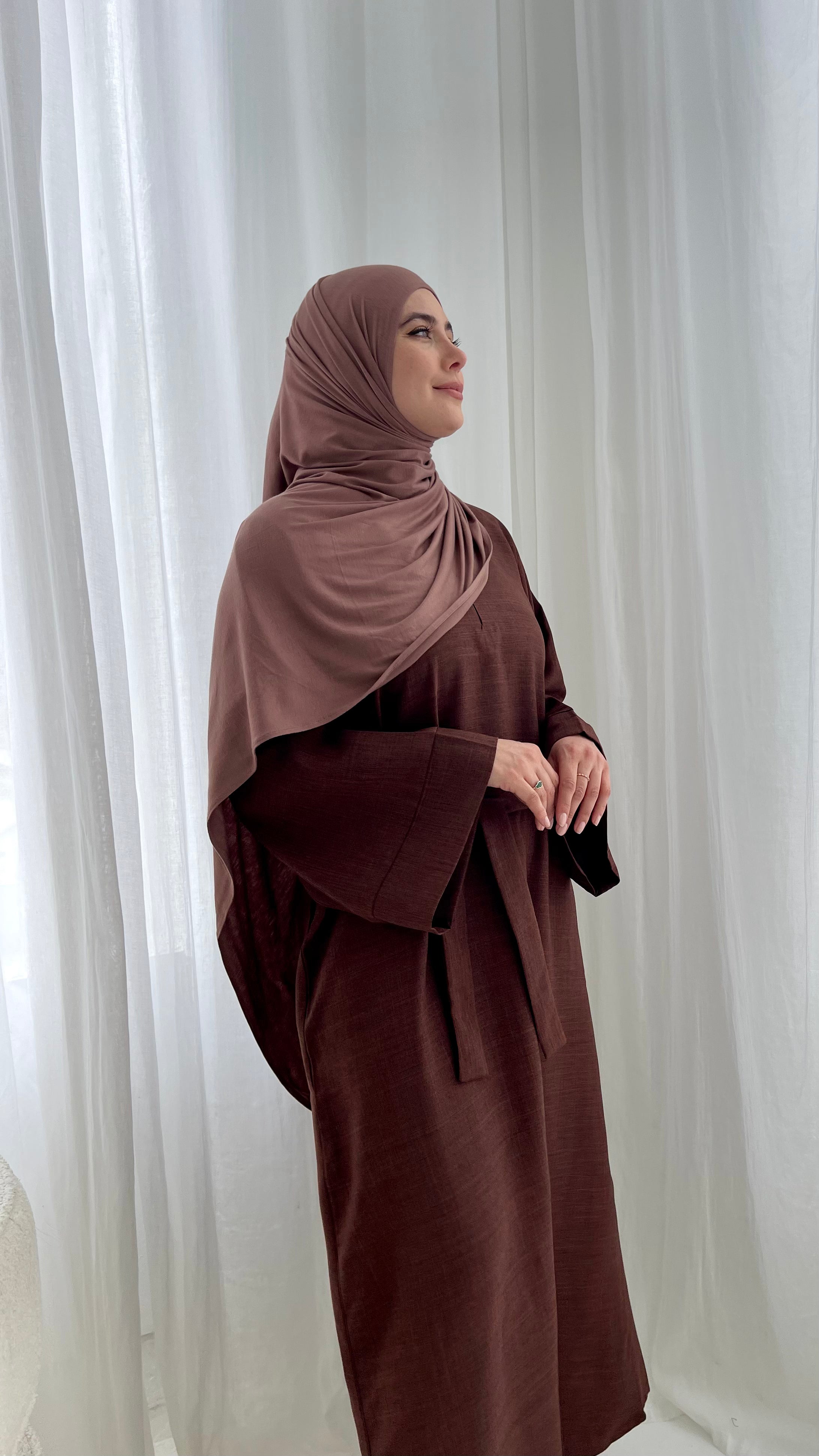 CHESTNUT BROWN LINEN CLOSED EVERYDAY ABAYA SET CLASSY STAPLE ABAYAS ...