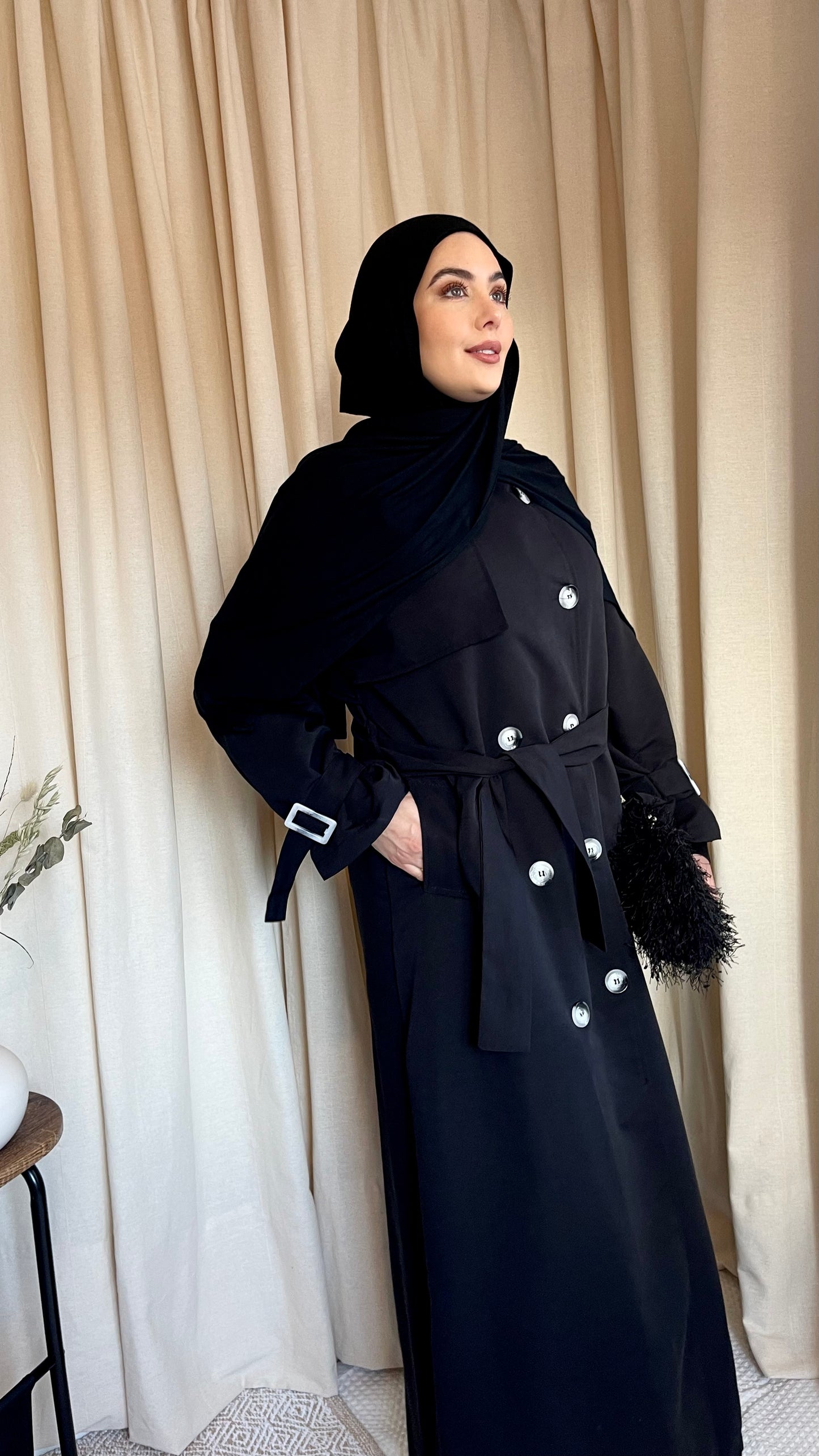 full length trench coat black ladies modest outfit