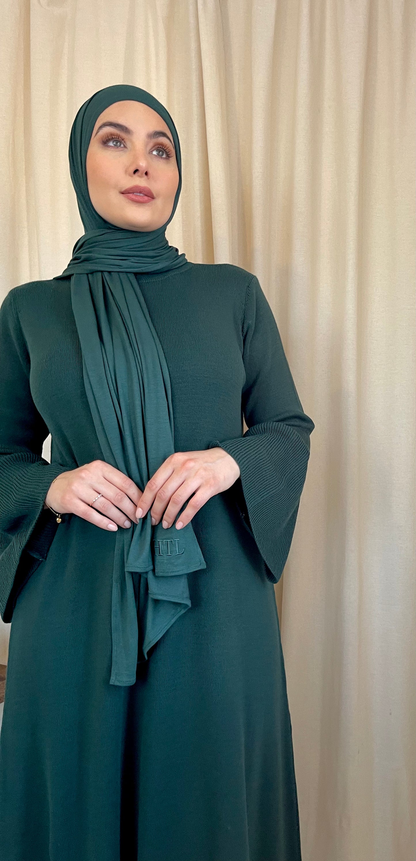 Rib Knit Maxi Dress Flared Sleeve Emerald