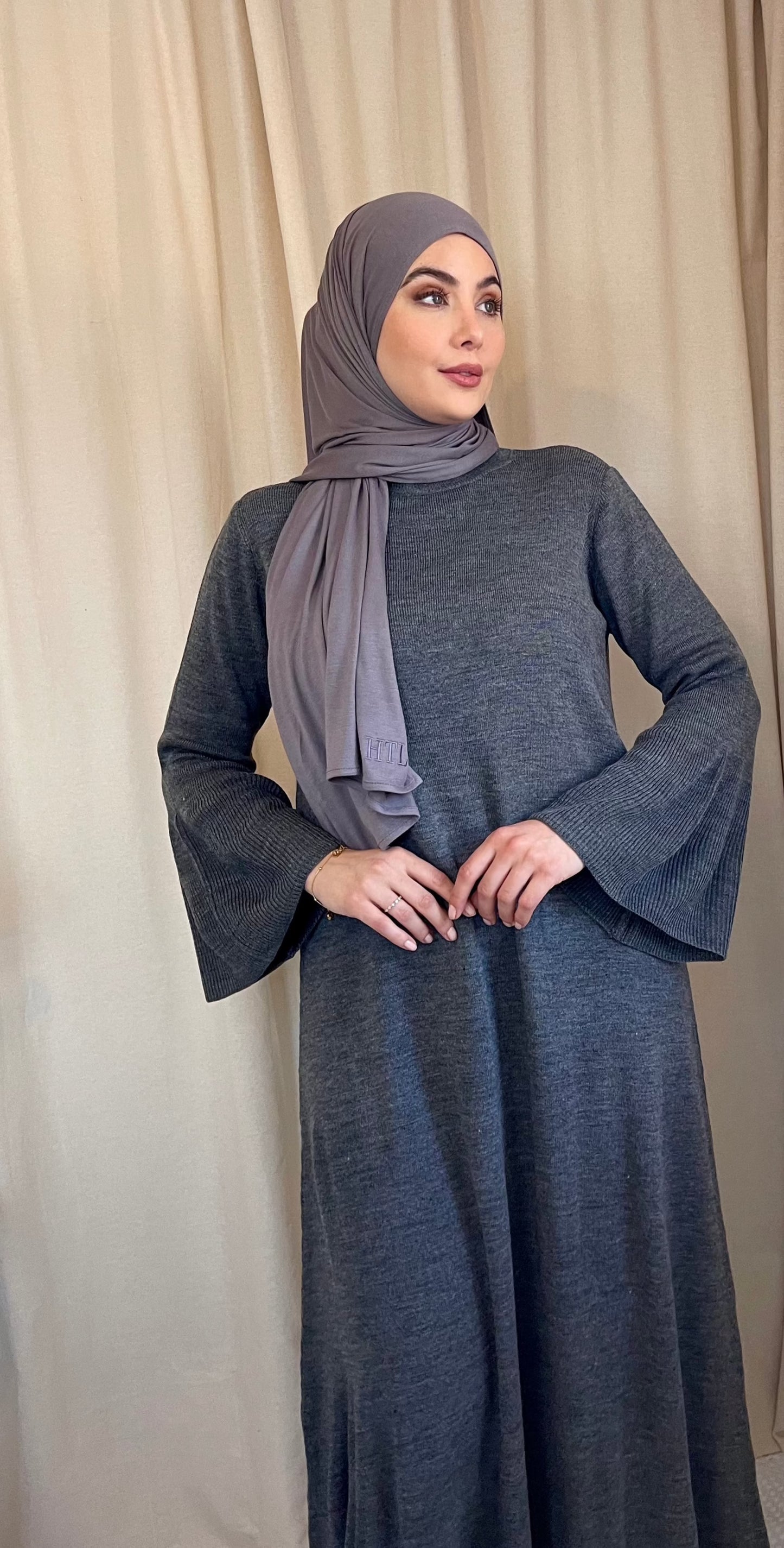 Rib Knit Maxi Dress Flared Sleeve Grey