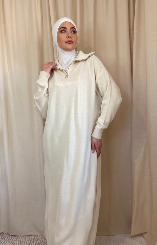 Zip Ribbed Knit Maxi Dress Ivory