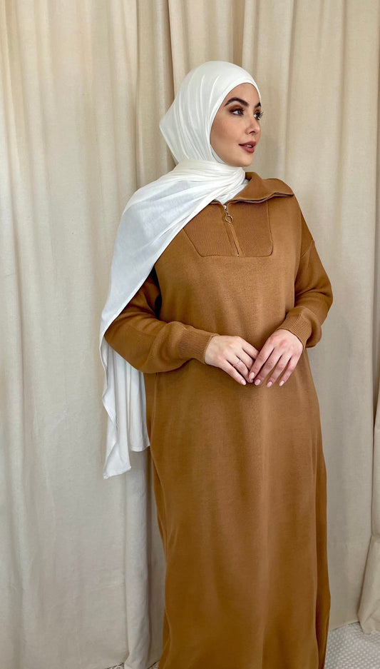 Zip Ribbed Knit Maxi Dress Tan