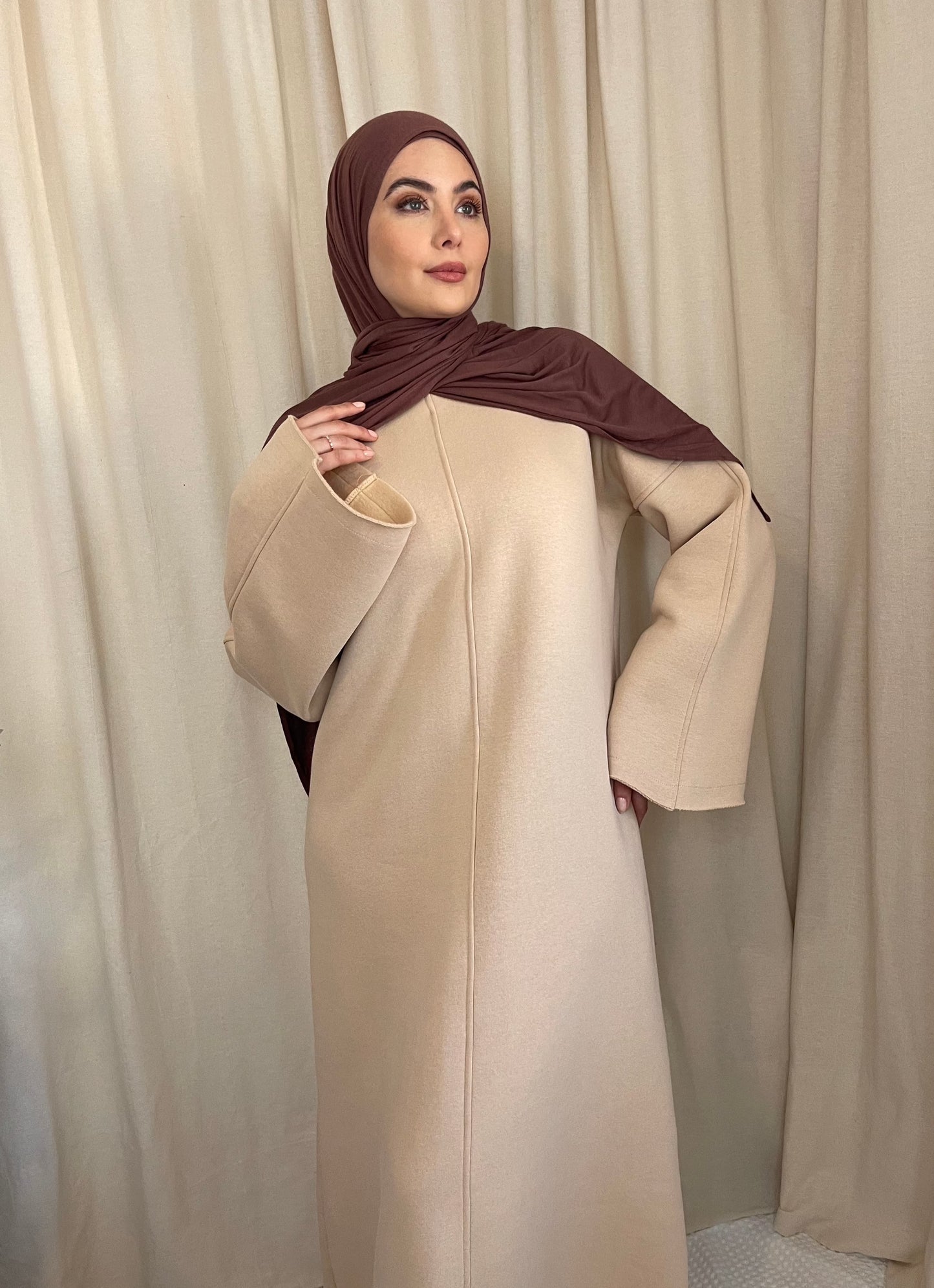 Beige Cotton Thick Dress Winter Cream Abaya Closed Coat Hayaa