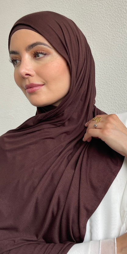 Chocolate brown maxi premium jersey hijabs from hayaa the label ltd.