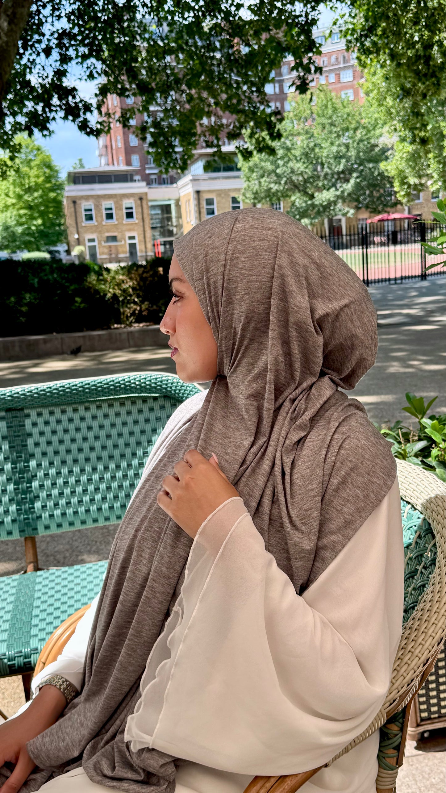 muslim women wearing cotton printed jersey hijab from hayaa the label 